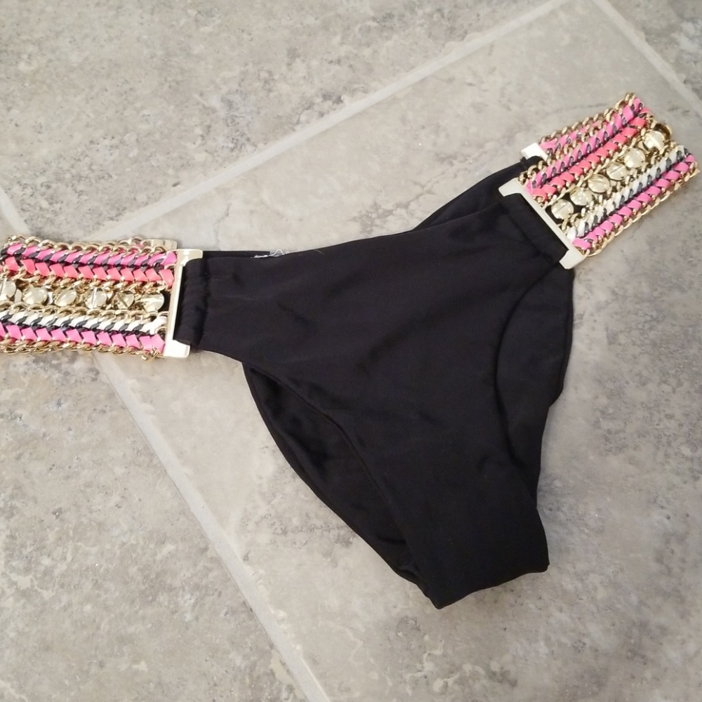 Beach Bunny bikini bottoms, gold/pink hardware